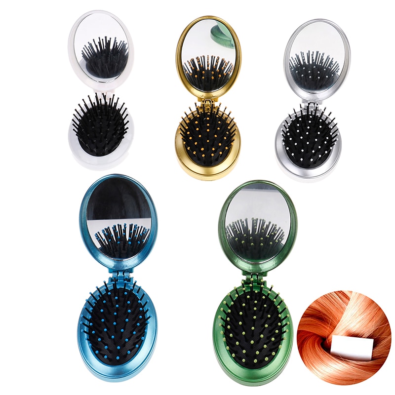 Cepillo de pelo portátil para niña, herramientas de peinado con espejo, 5 colores, bolsillo redondo, tamaño pequeño, peine plegable de viaje