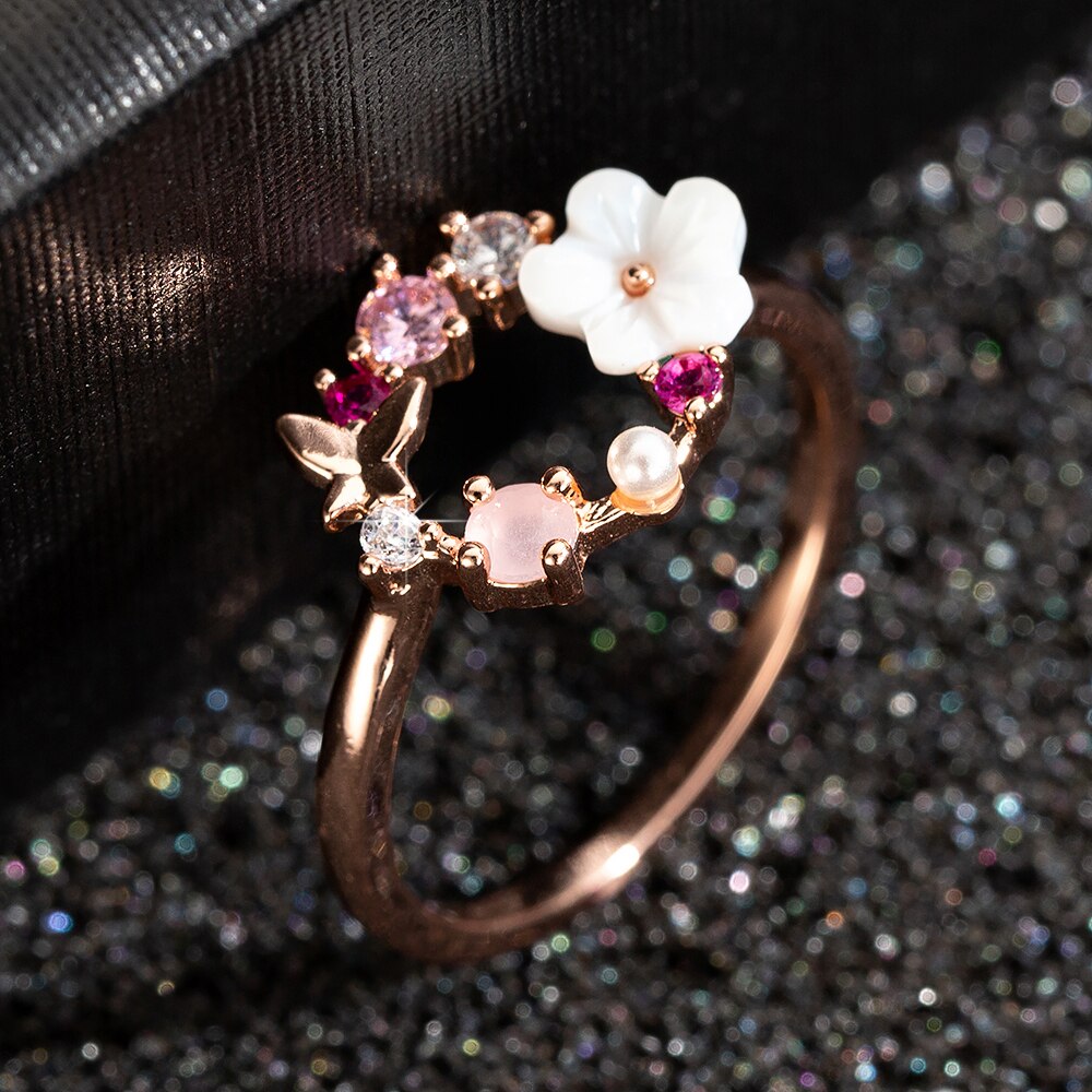 cristal cuivre fleurs papillon doigt anneaux de mariage pour les femmes or Rose Glamour Bijoux fille Bijoux