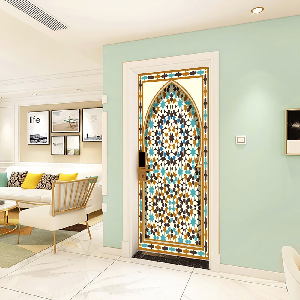 Muslim Style Floral Door Sticker Home Decoration DIY Wall Stickers Bedroom Kitchen Art Wallpaper Peel &amp; Stick Vinyl Wall Decals