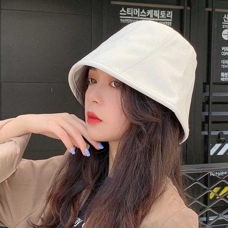 Pu læder spand hat efterår koreansk harajuku afslappet fisker cap kvinder solid håndvask hat panama femme retro kunst hat