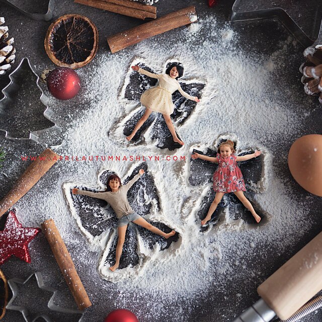 Christmas Baking Flour Angels Digital Backdrop photography, Snow Angel, Baking flat, flour, cutting board, high resolution JPG