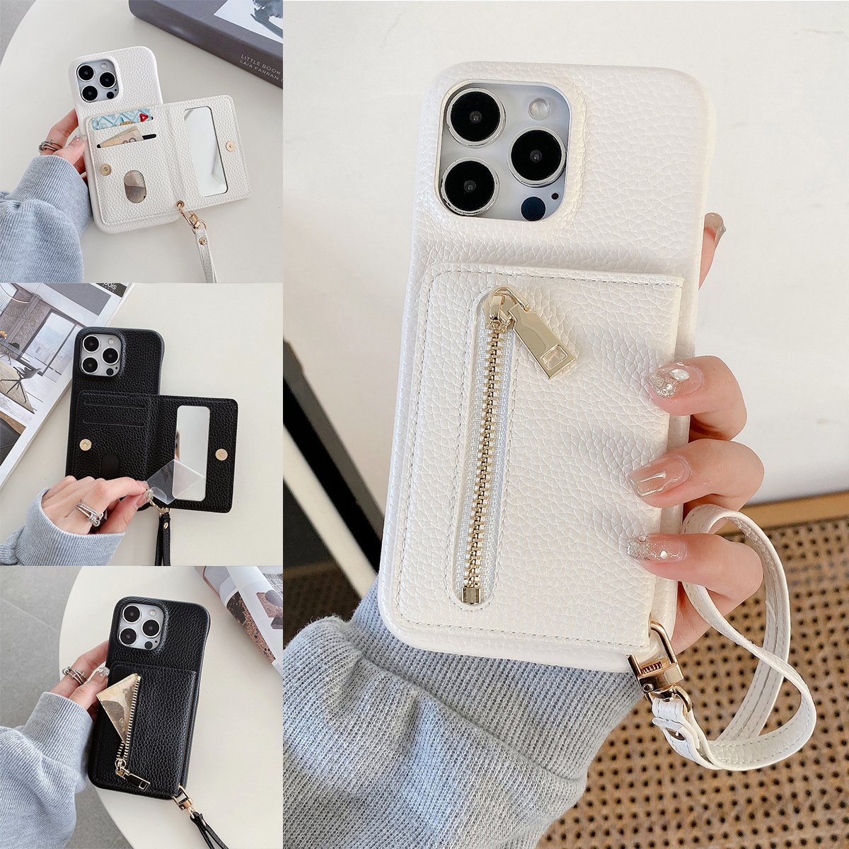 Luxus Litschi schälen aufbringen Pu Ledertasche für iPhone 15 14 13 12 11 Profi Max kleinen Spiegel Karten Halfter Schlüsselband Brieftasche Abdeckung