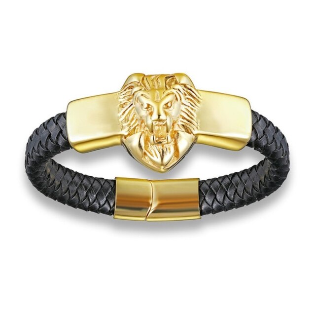 Overdrijving Rvs Ketting Gouden Leeuwenkop Punk Armband Voor Mannen Sieraden: A14629-Gold