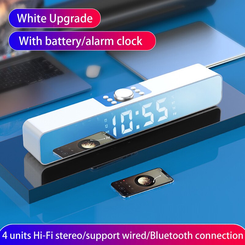 LED TV Sound Bar Alarm Clock Wired Wireless Bluetooth Speaker Home Theater Surround Subwoofer AUX USB for PC TV Computer Speaker: White Upgrade