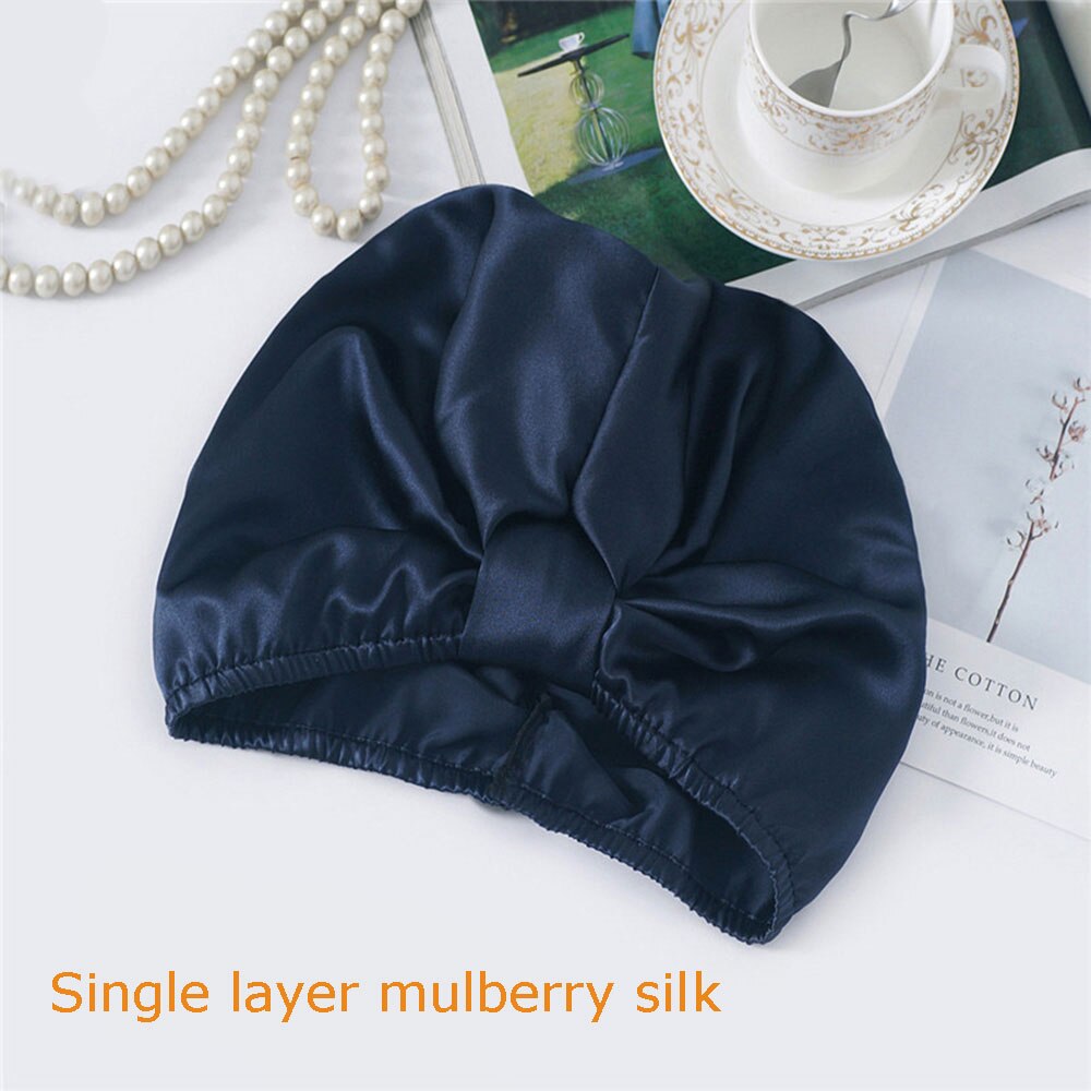 100% puro seda amoreira elástica noite boné amoreira seda envoltório de cabelo dormir gorro para mulher 19 momme sleeping cap único/duplo: Navy 01
