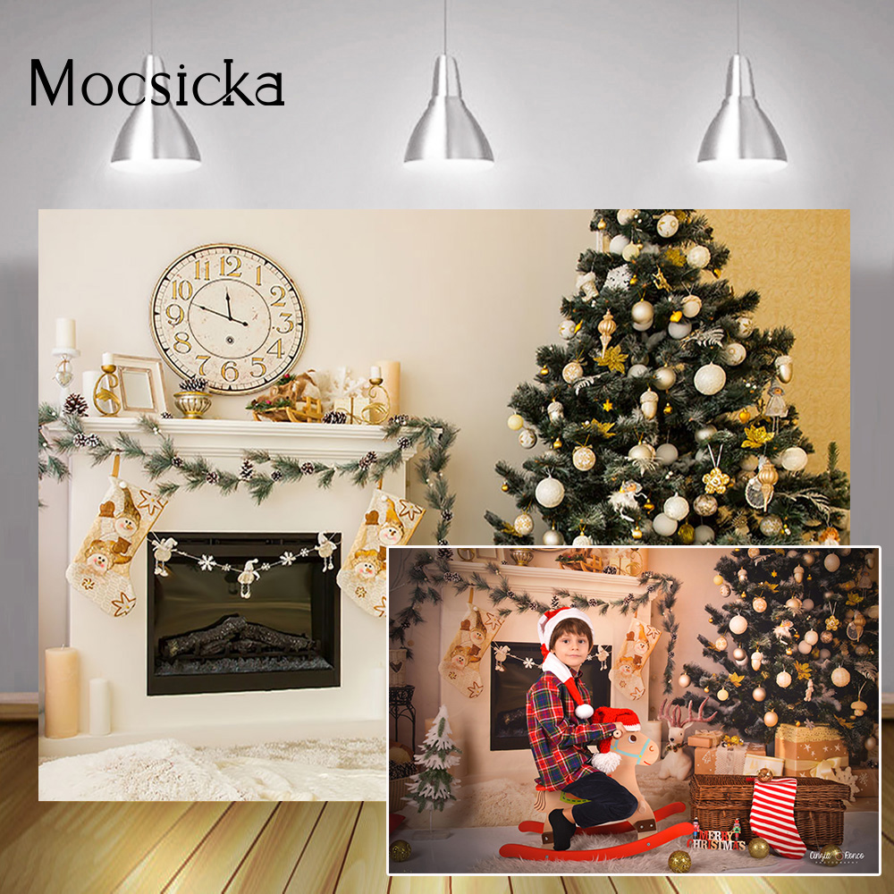 Christmas Tree Winter Portrait Background Photography Fireplace Clock Family Living Room Party Backdrop Socks Photocall