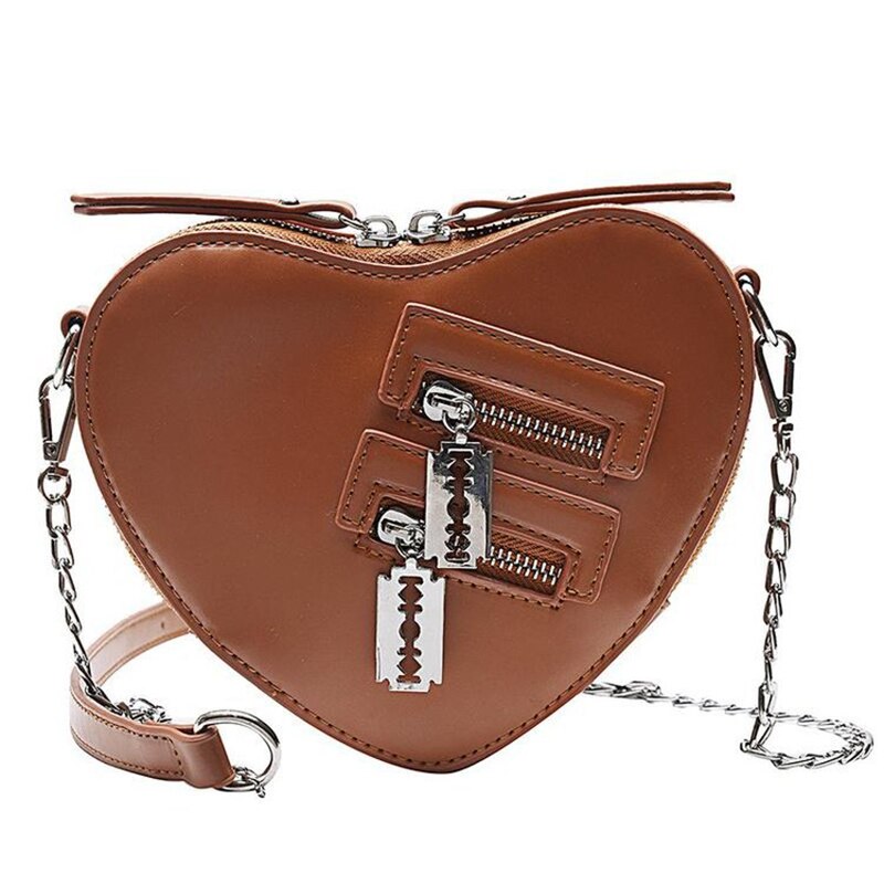 Women Red Heart Shape Shoulder Bag Korean Style Ladies Chain Crossbody Bag Purse And Clutch Bag Pu Leather Bag: Brown