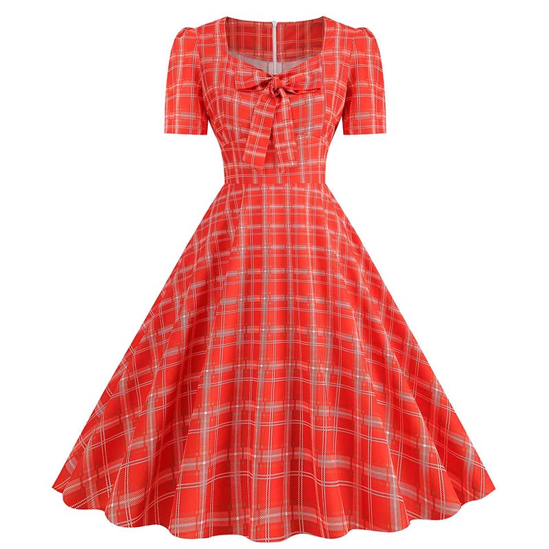 Grønne rutete swing festkjoler kvinner vintage firkantet krage korte ermer casual sommerkjole