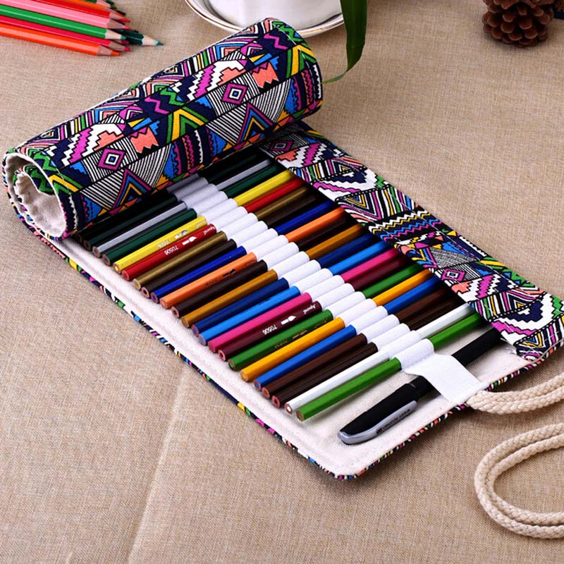 36/48/72 /12 Holes Canvas Wrap Roll Up Pencil Bag Pen Case Holder Storage Pouch Writing Supplies Boy Girl art Pencil Box: 72 Holes