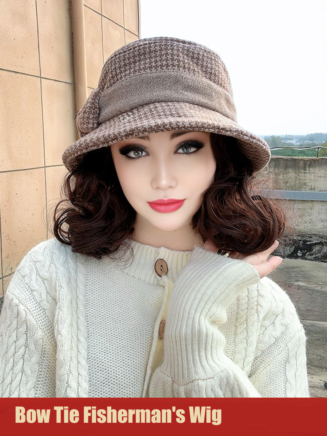 Synthetic 6inch plaid fisherman hat short curly hair wig brown princess curly roo cold warm horse roll Christmas
