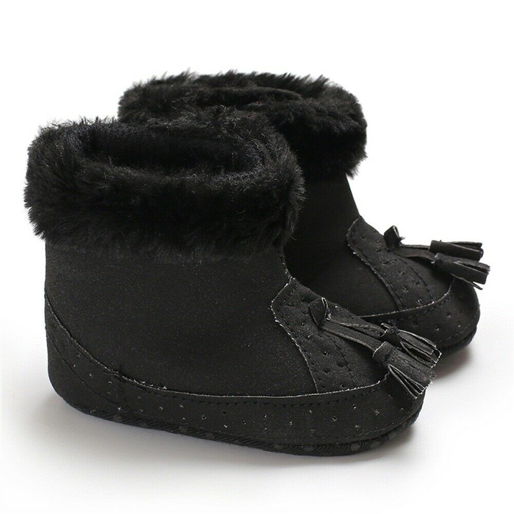 Enfant en bas âge bébé fille chaussures chaudes berceau souple semelle souple chaussures en cuir glands bottes -né enfant bébé hiver bottes de neige: Black / 7-12 mois
