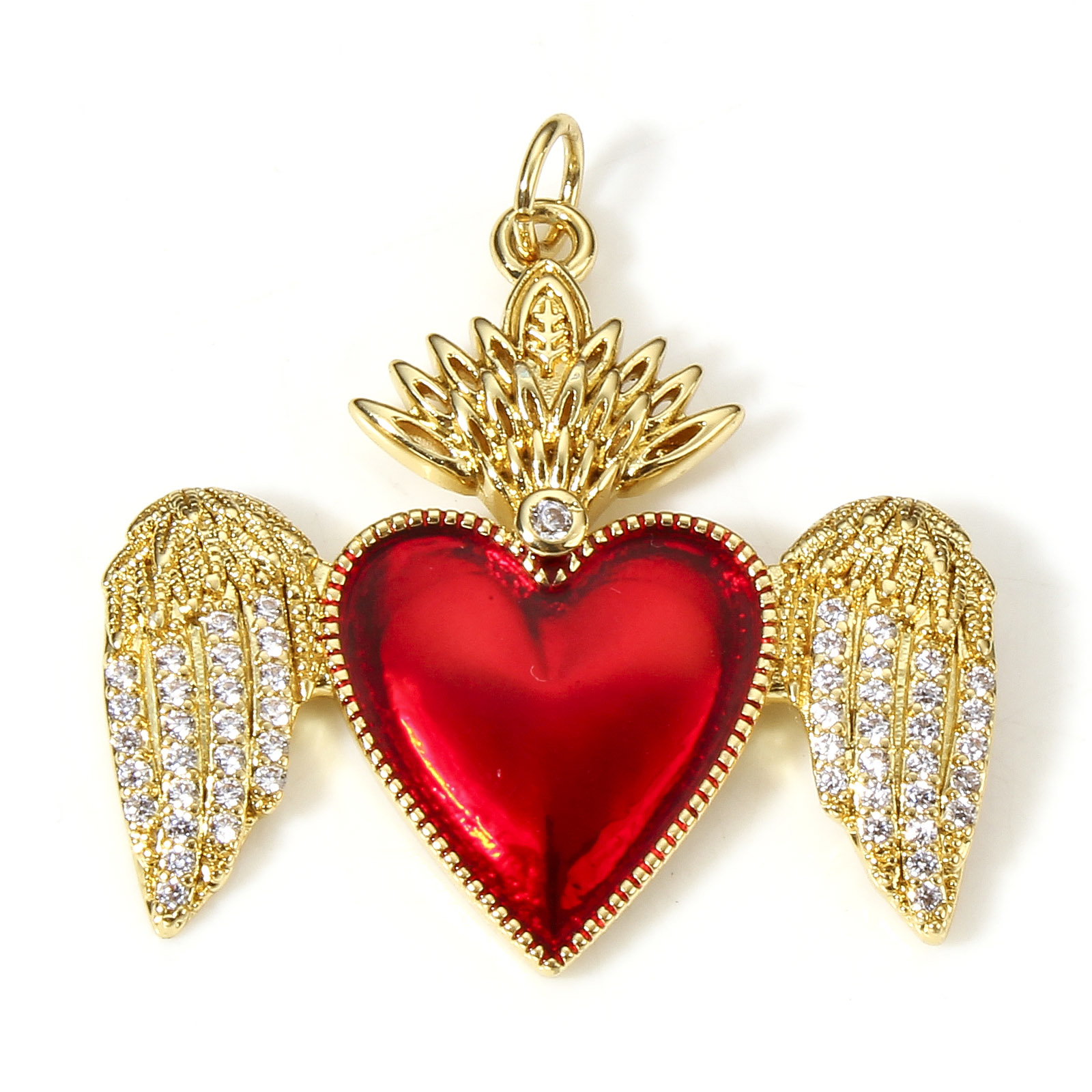 1 pieza de dijes de corazón religioso rojo clásico para la fabricación de joyas, colgantes Ex Voto de Color dorado, collar de circonia cúbica transparente DIY: PLATEADO