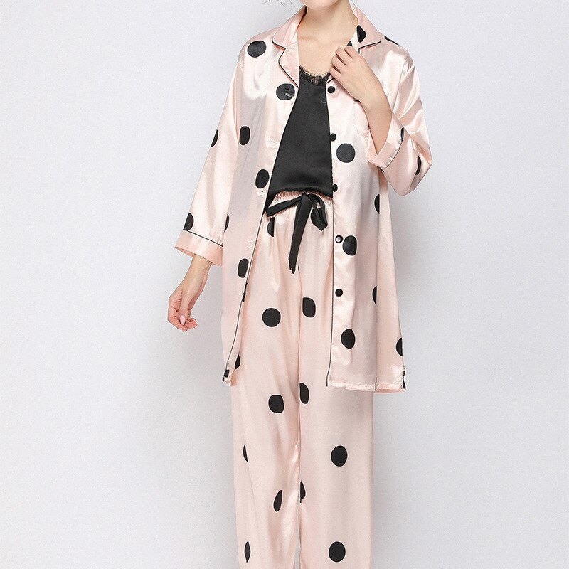 JULY'S SONG 3 Pieces Polka Dots Women Pajamas Set Faux Silk Sling Sleepwear Long Sleeve Trousers Pyjamas Spring Casual Nightwear