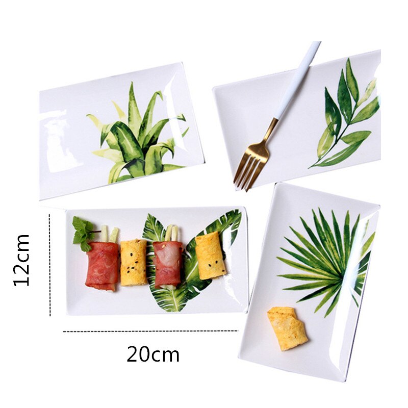 8 Inches Nordic Leaf Rectangle Ceramic Plate Green Plant Porcelain Dinner Plate Dessert Steak Sushi Tray Snack Dish Tableware