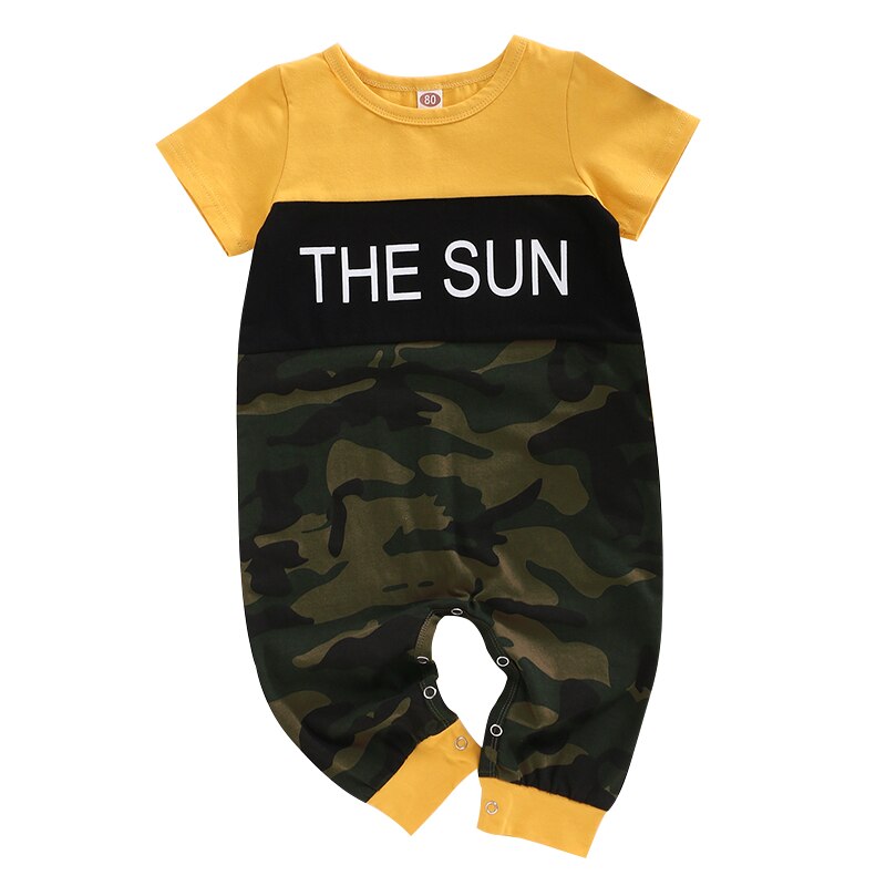 Toddler Boy/Girl Outfits Baby Boy Jumpsuit Yellow Letter Green Camouflage Print Short Sleeve Clothes Summer Clearance Jumpsuit