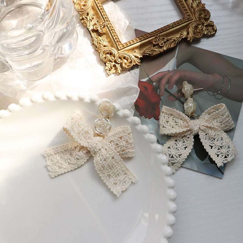 Bloem Boog 2022 Sieraden Koreaanse Zoete Witte Strik Vrouwen Oorbellen Zoete Stof Kant Boog Oorbellen Sieraden