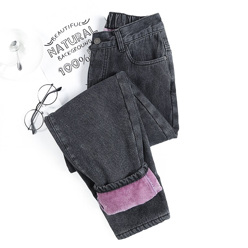 Winter Jeans For Women Thicken Warm Loose Fleeces Denim Trousers Ankle-length Gray Solid Harem Pants Students Wear P9505