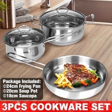 3 Piece Cookware Set Multi-purpose Induction Cookware With Glass Lid Home Kitchen Stainless Steel Soup Pot Saucepan Frying Pan