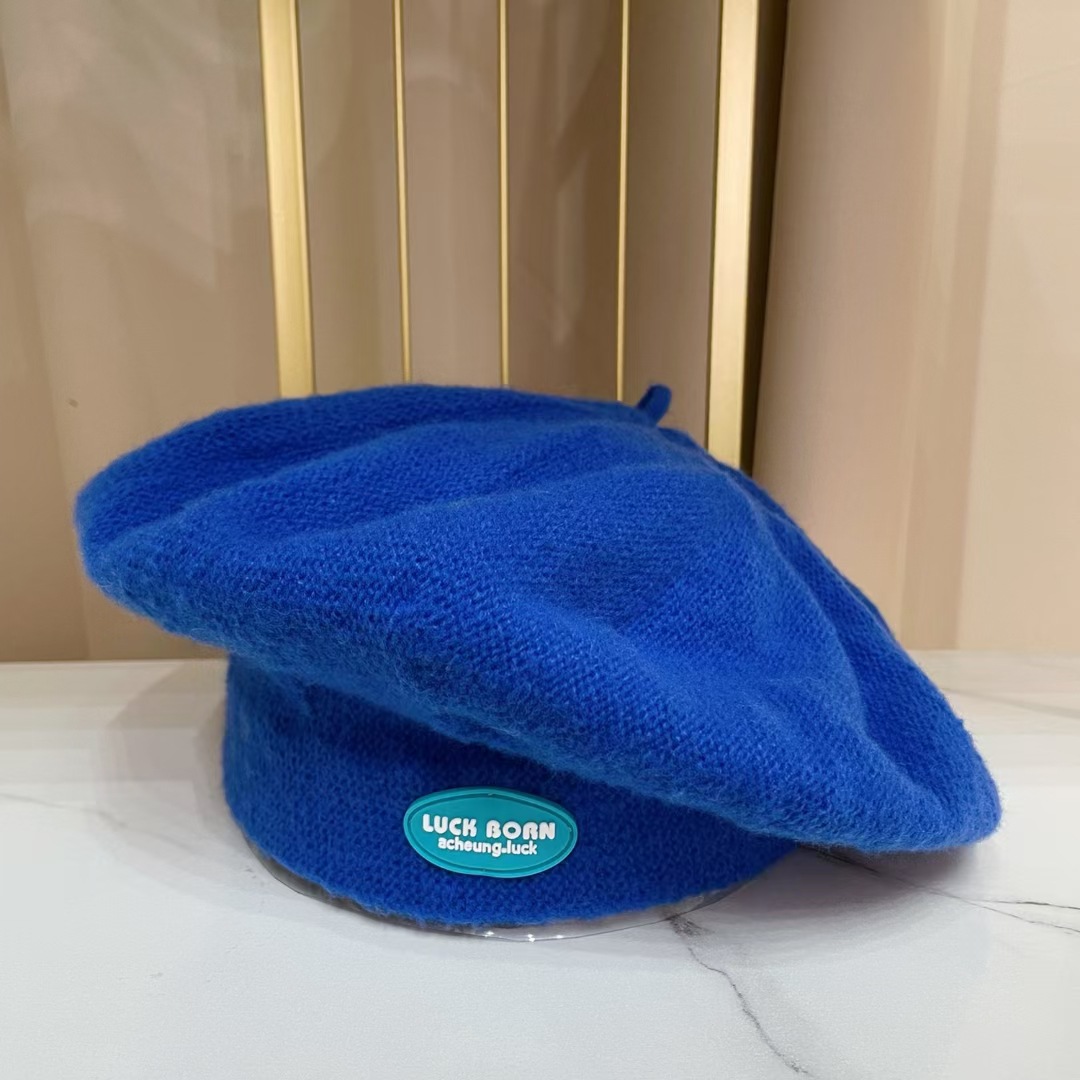 Béret tricoté avec écusson jaune Ins pour femme, chapeau de peintre japonais octogonal, rétro, , nuage, automne et hiver: blue