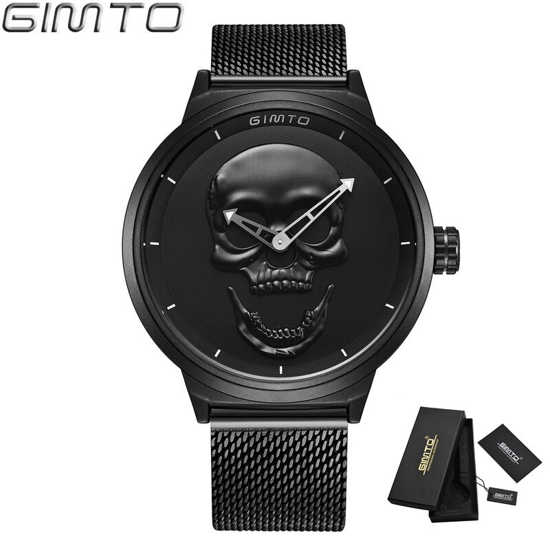 GIMTO-relojes casuales de acero inoxidable para hombre, reloj de pulsera masculino de cuarzo, con de calavera dorada, color negro: Black with box