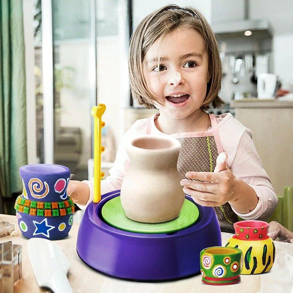 Children's Pottery Machine Student Soft Clay Making Billet Toy Set Electric Ready-to-Paint Ceramics Pottery Paint DIY Wheel J9P0