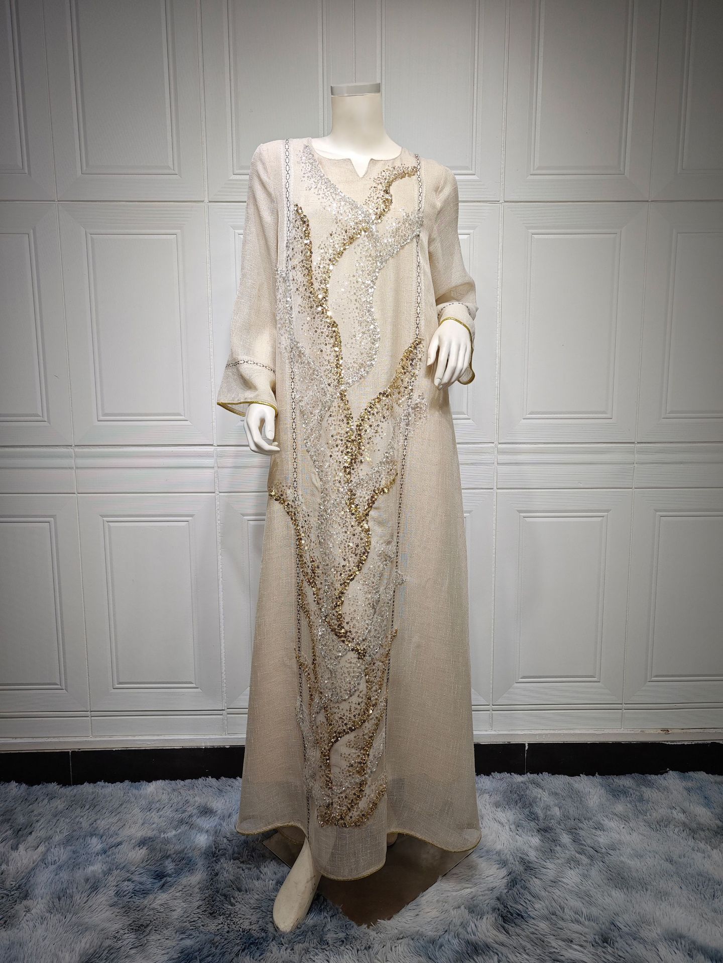 Dubai Abaya Luxury Robe Muslim Women Kaftan White Mesh Beaded Embroidered Dress Femme Morocco Jalabiya Arabic Islam Clothing: L / Blue