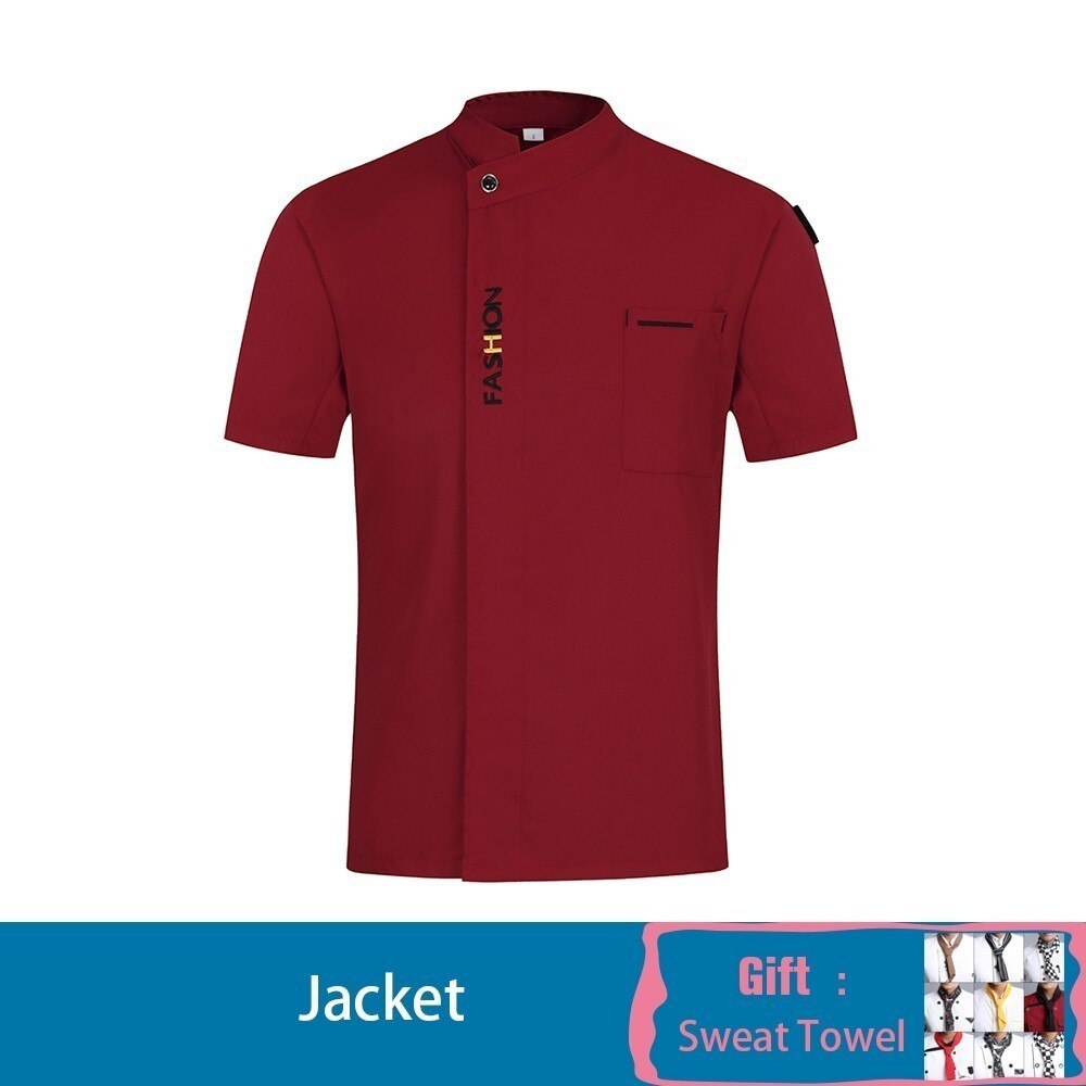 Chef Waiter Short Sleeve Jacket Kitchen Restaurant Uniforms Unisex Hotel Sushi Costume Barbershop Work Clothes Free Scarf: Red / XXXL