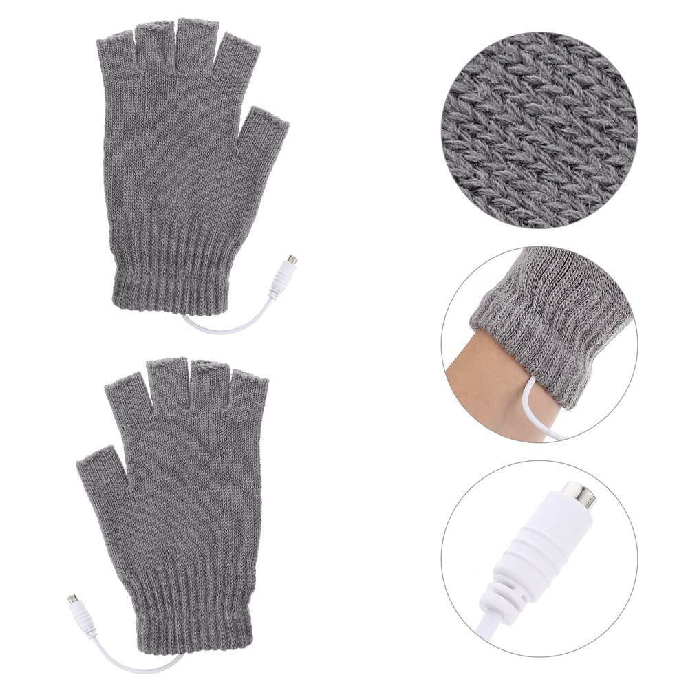 Mitaines chauffantes USB, 1 paire, moitié ou doigt entier, tricot: Grey