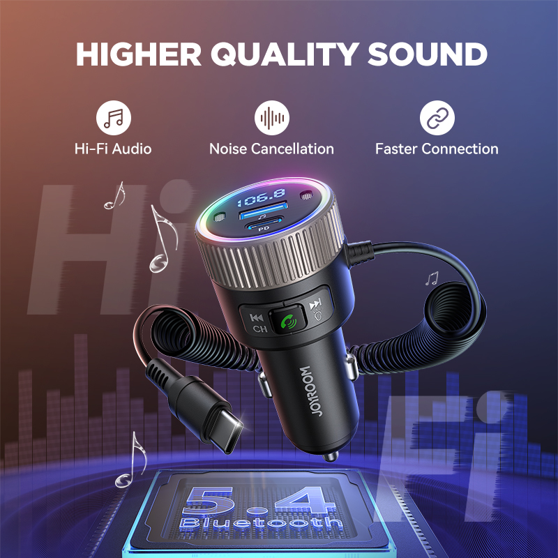 Transmisor FM Bluetooth 5,4 60W PD QC3.0 cargador de coche rápido micrófonos duales más fuertes HiFi sonido profundo adaptador de cargador USB C Joyroom