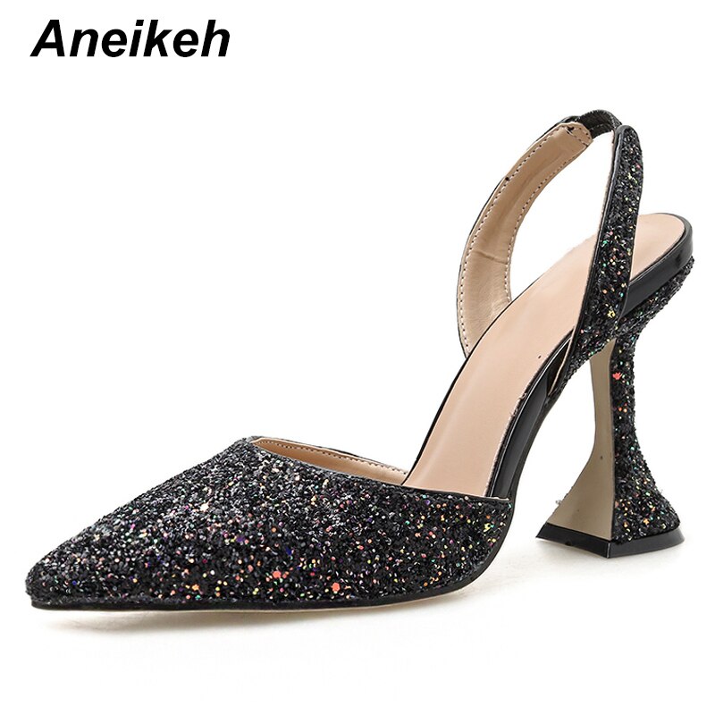 Aneikeh Glisten Sequins Women Pumps Pointed Toe High Heels Weeding Shoes Spike Heel Slingback Ladies Pumps: Black / 8