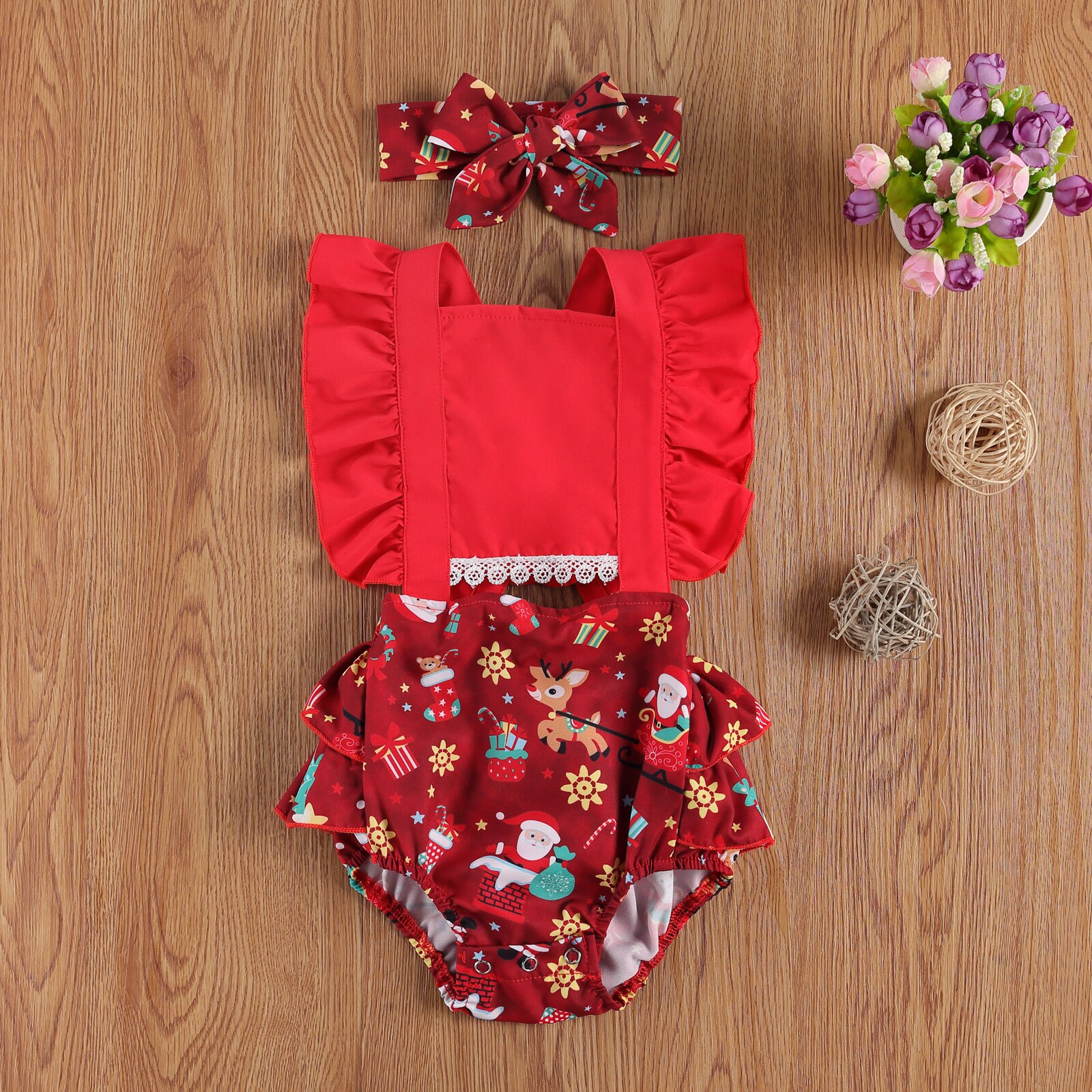 Focusnorm 0-18M Kerst Baby Meisjes Jongens Bodysuits Hoofdband 2 Stuks Ruches Korte Mouw Cartoon Print Jumpsuits