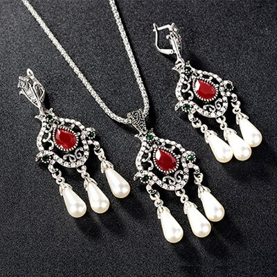 Ensemble collier et boucles d&#39;oreilles pour filles, bijoux turcs mosaïque, vert, rouge, résine, cristal, argent tibétain, pendentifs: Default Title