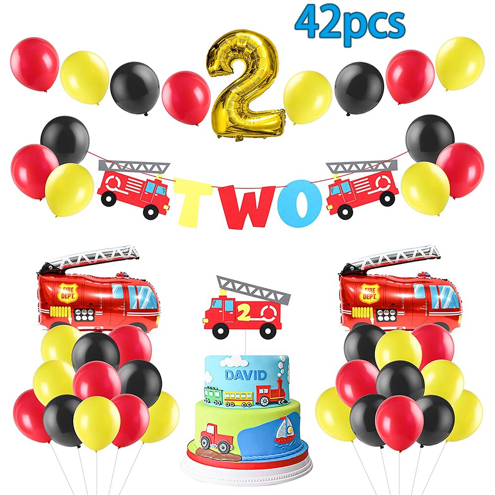 Party Supplies 42Pcs Firefighter Themed Fireman Two Year Old Party Fire Truck Banner Cake Topper Balloon Decoration for Kids