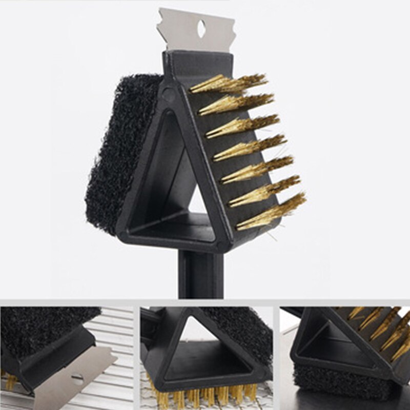 3 In 1 Driehoek Koperdraad Barbecue Grill Oven Borstel + Rvs Schraper + Spons Bbq Gadget