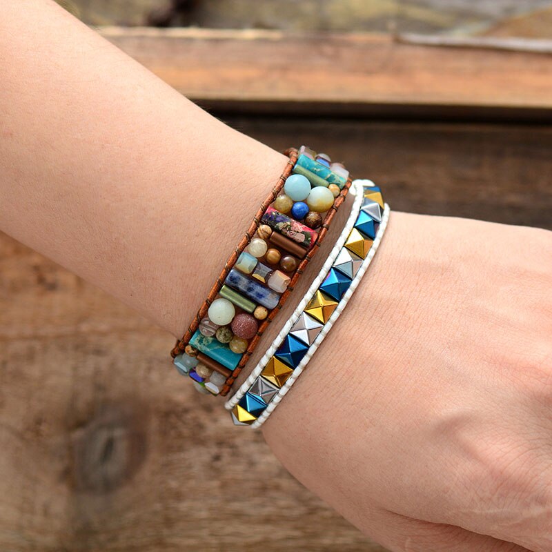 Women Boho Bracelets Natural Stone Single Leather Wrap Bracelet Semi Precious Stone Beaded Woven Cuff Bracelet