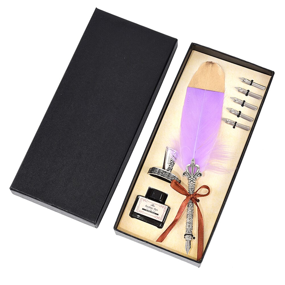 Vintage Calligraphy Feather Dip Pen Pen Handle 2/5 Nib Writing Ink Set Quill Fountain Pen Writing Set Birthday: 5 Nibs Purple