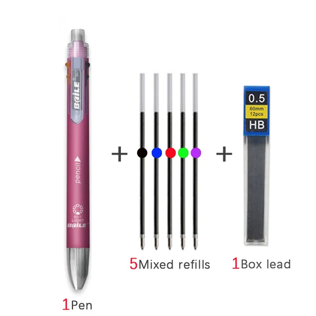 6 In 1 Multicolor Ballpoint Pen Multifunction Pen Contain 5 Color Ball Pen & 1 Automatic Pencil Top Eraser Office School Supply: Clear