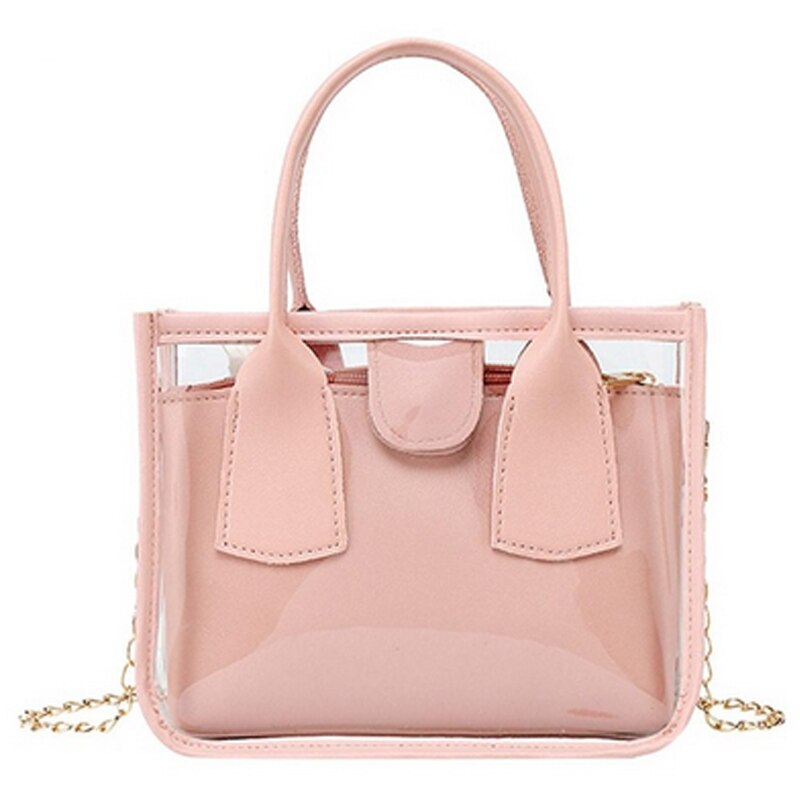 2 teile/satz Transparent Tasche Frauen Schulter Tasche Kleine Kette Gelee Handtasche Telefon Totes Reisen Feste Crossbody Handtaschen: pink