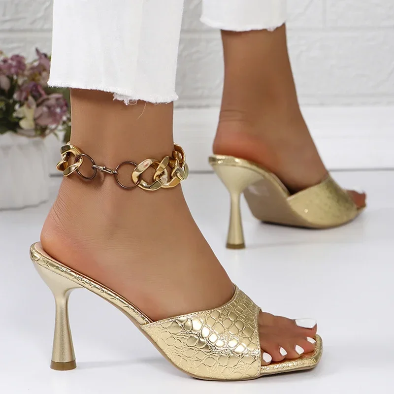 Luxury Gold Silver High Heels Sandals Women Slip On Square Toe Summer Slippers Woman Plus Size 43 Thin Heeled Party Shoes