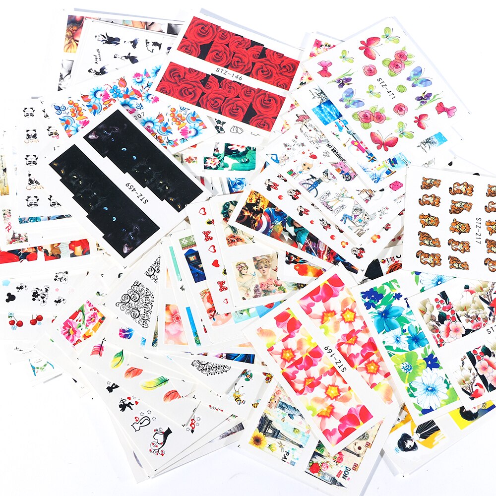 100 stk/pakke negle klistermærker sæt blomster fjer tegneserie blandede designs vandoverførsel klistermærker nail art indretning skydere lastz 134-233