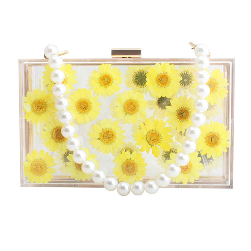 Women Acrylic Sunflower Printed Clear Purse Transparent Crossbody Bag Through Handbags Evening Clutch Events Approved: Yellow Bead Strap