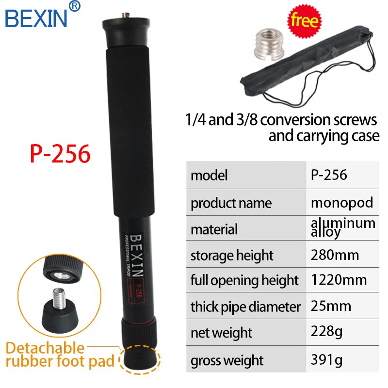 Bexin-mini tripé portátil para câmera, leve, monopé, 122cm, comprimento de expansão, suporte de tripé, material de alumínio, câmera dslr: P-256-A