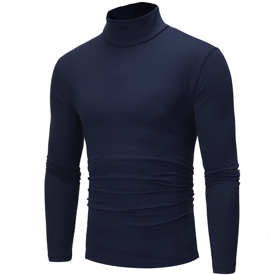 T-shirt manches longues col montant homme col roulé tricoté en coton thermique, sous-vêtement pour homme, , pour l'hiver, hauts pour hommes: Marine Bleu / L