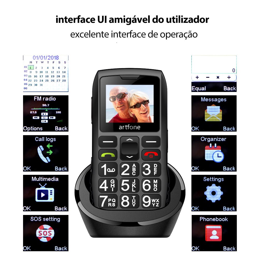 Botão grande telefone móvel para idosos, artfone c1 + sim duplo desbloqueado, 1400mah bateria, desbloqueado telefone móvel sênior com sos emerg