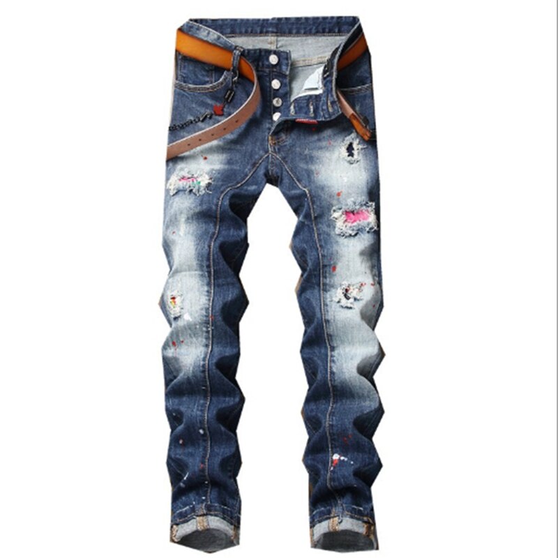 2021New Men's Slim-Fit Ripped Pants Painted Jeans Patch Beggar Jumbo