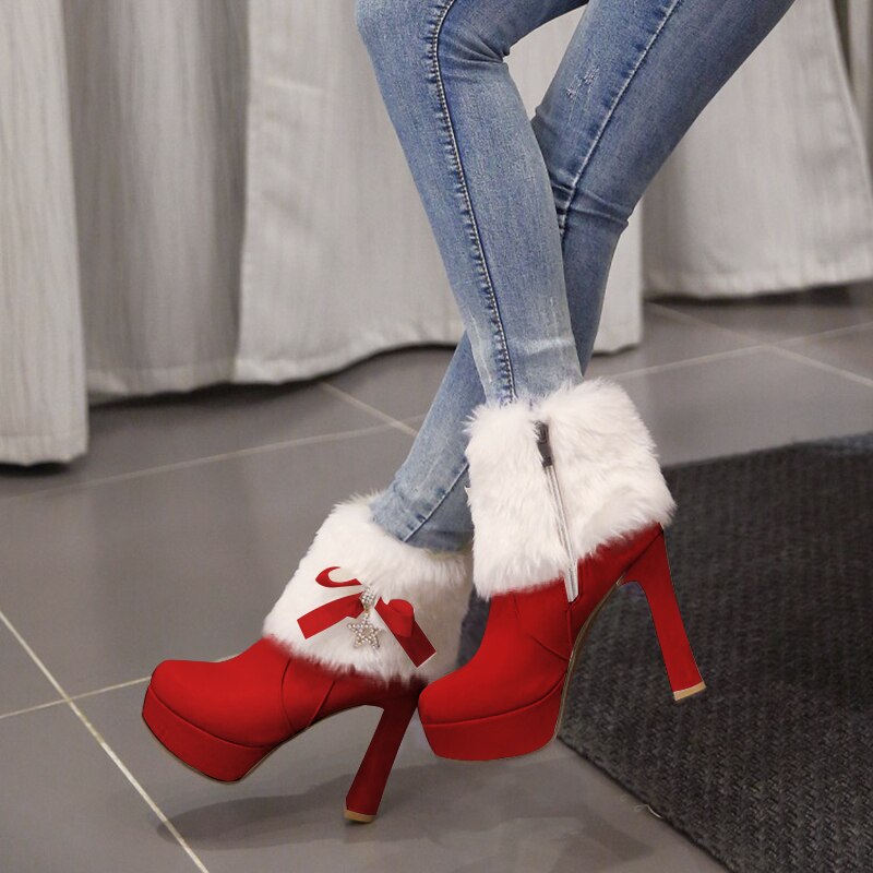 Dames kerst sneeuwlaarzen dames rode enkellaarsjes dames hoge hakken plateau schoenen winter dames strik warme bontlaarzen