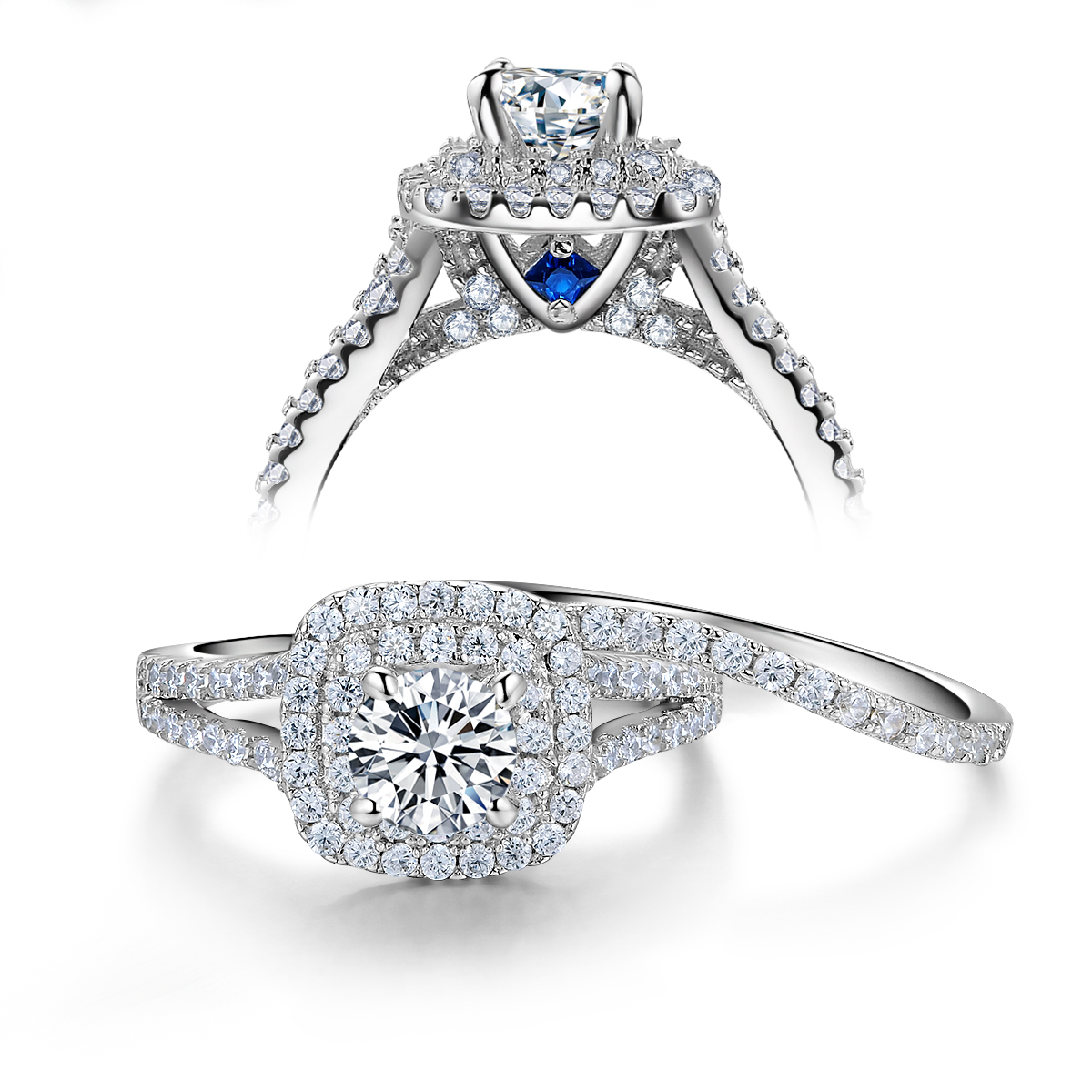 Newshe-anillos de boda de plata 925 para mujer, joyería nupcial, Halo de corte redondo, circonita cúbica, de estilo victoriano anillo de compromiso, 2 piezas