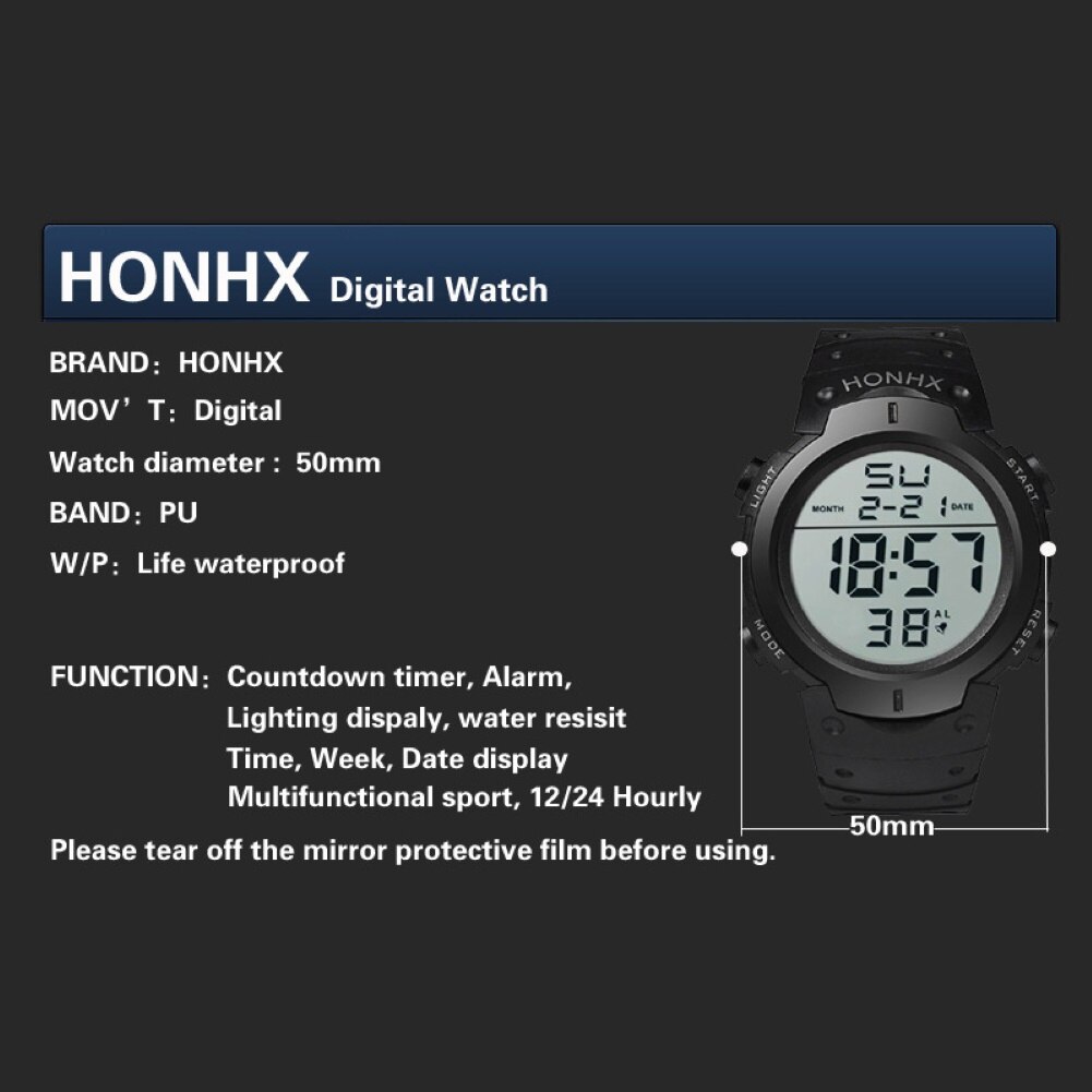 Honhx unisex justerbar rem baggrundslys stor urskive sports digitalt armbåndsur