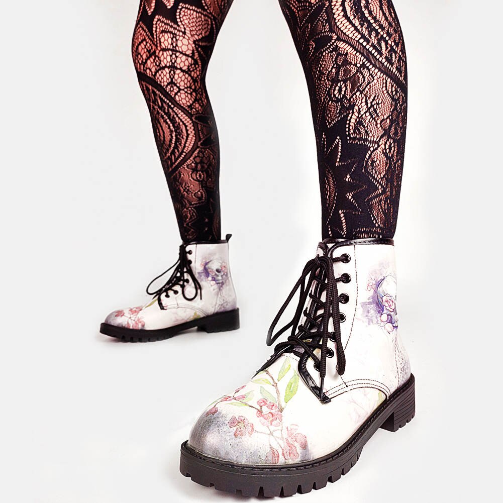 Vrouwelijke Gothic Schedel Koel Laarzen Lace Up Cool Punk Chunky Platform Laarzen Vrouwen Koele Casual Floral Schoenen Vrouw
