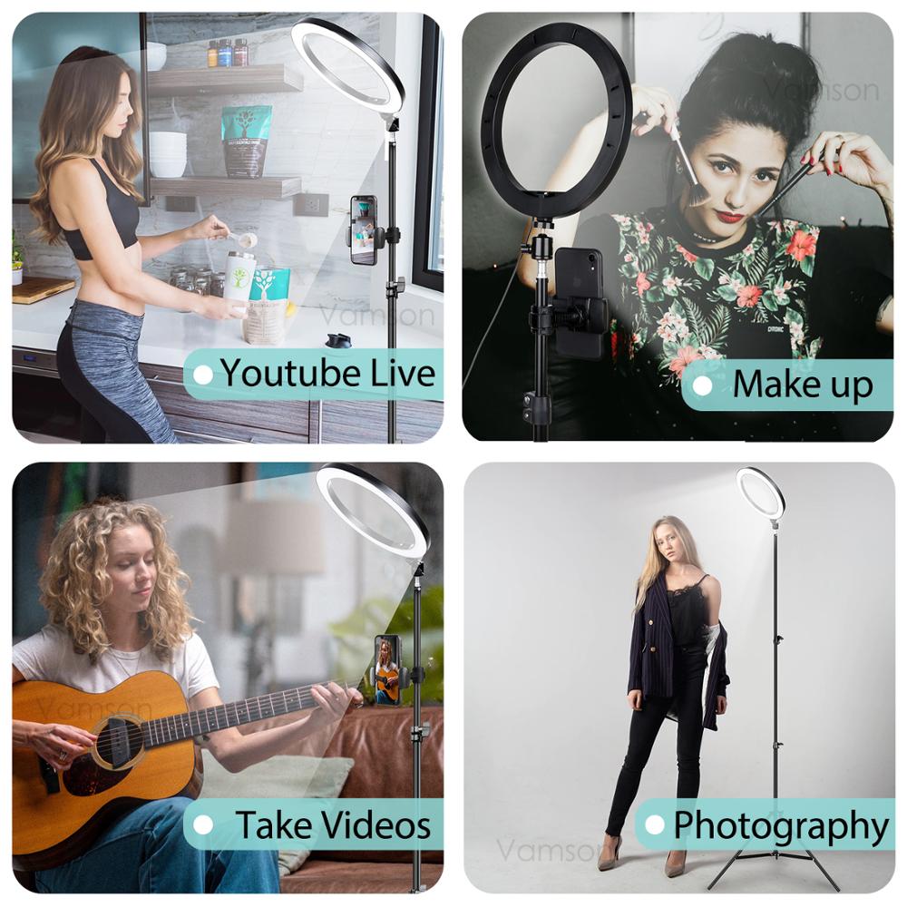Vamson Selfie LED Anello di Luce della lampada con il Treppiedi Del Basamento Del Supporto Del Supporto Del Telefono per Streaming In Diretta/Trucco/YouTube Video Fotografia illuminazione anulare